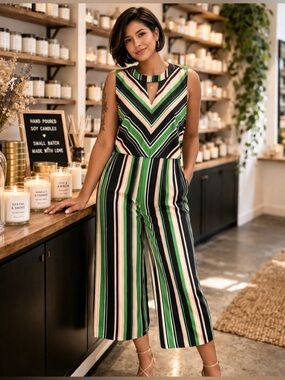 EUC ECI SZ L Green/pink/white striped cropped jumpsuit w/pockets/bust 44”-48”